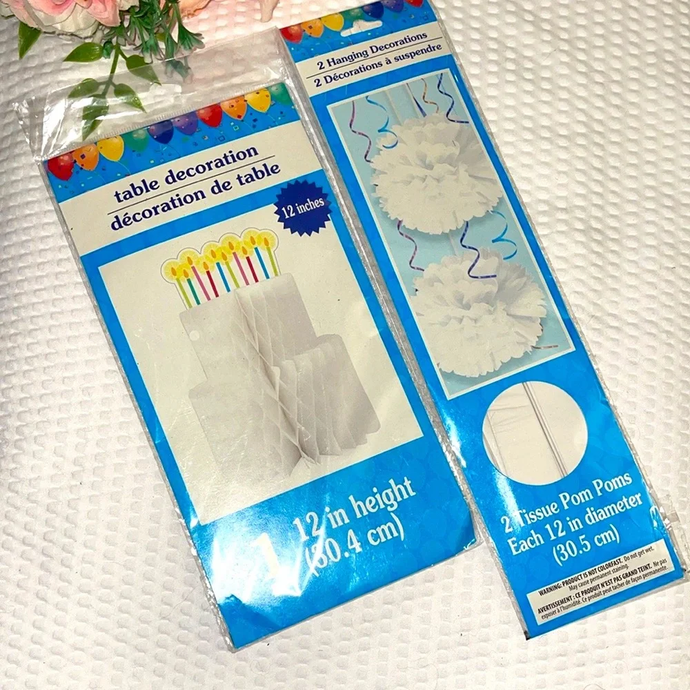 White 12 Inch Honeycomb Birthday Cake Table Topper Party & Pom Poms NEW